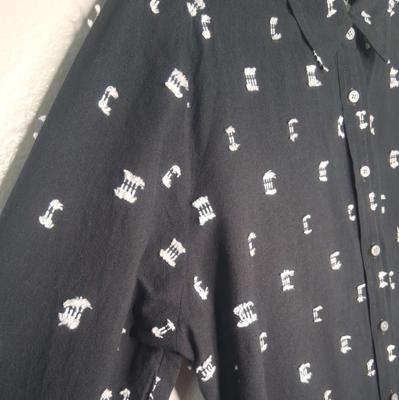 LOFT Black Button-Up Long Sleeve Shirt White Embroidery Accents Preppy Boho Sz L - Picture 6 of 15